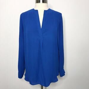 Zoa New York Small S Blue V Neck Blouse Long Sleeve Split Back Pleated Top Women